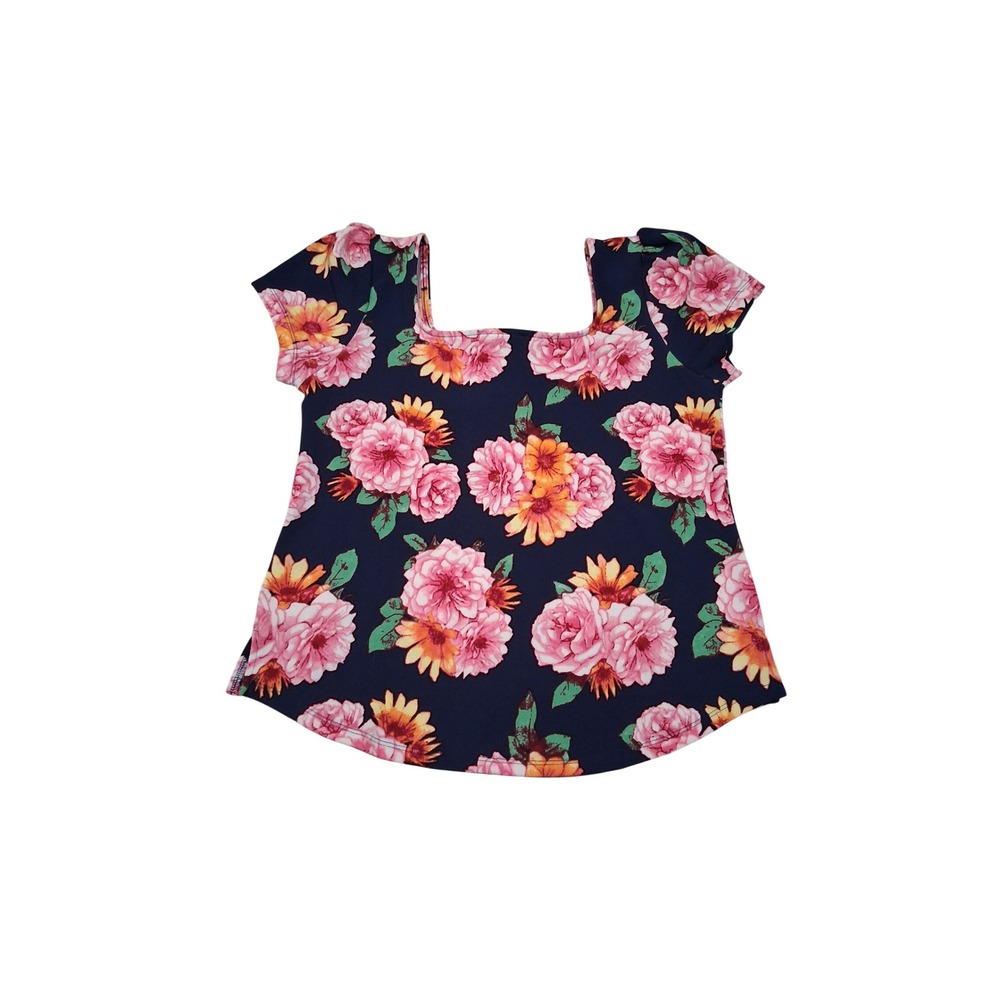 LuLaRoe Floral Square Neck Top Navy Pink Orange Short Sleeve Blouse NWT Small